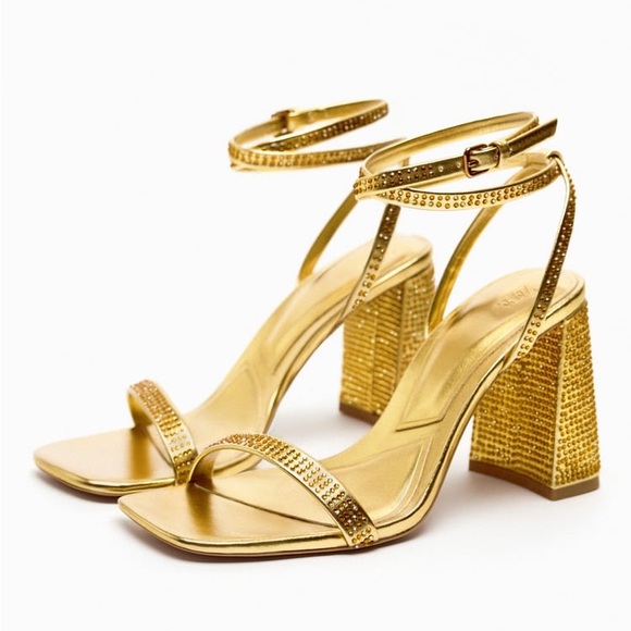 Zara Gold Block Heel Rhinestone Sandals - Picture 12 of 14